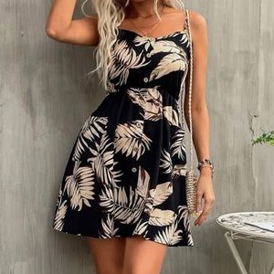 SHEIN VCAY Tropical Print Fake Button Shirred Back Cami Dress - Size L / 8/10